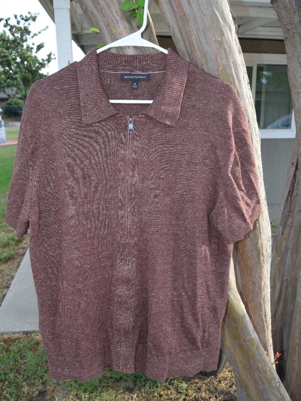 Banana Republic Linen Blend Full-Zip Sweater Polo - Brown Marled Knit - Medium
